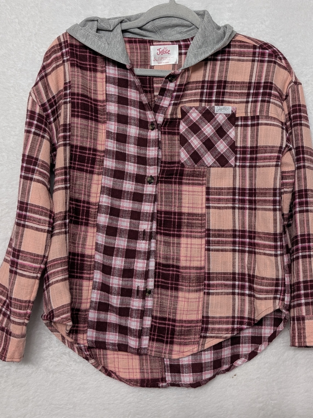 Justice Pink and Burgundy Plaid Hooded Button-Down Jacket